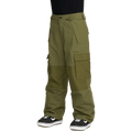 Olive green Volcom Longo Gore-Tex snowboard pants with cargo pockets and a loose fit, shown from a three-quarter view.