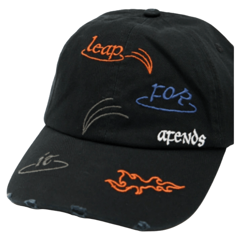 Front view of Afends Leap Recycled Six Panel Cap in colour Stone Black.