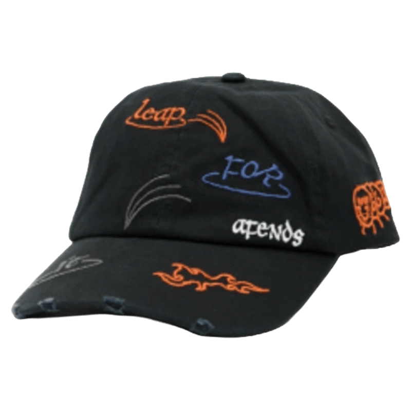 Front view of Afends Leap Recycled Six Panel Cap in colour Stone Black.