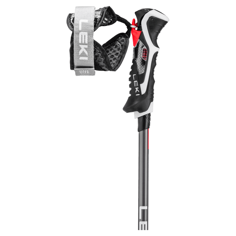 close up view of the Leki carbon 14 3d ski pole trigger release handle in black and grey with a mesh wrap around wrist strap and Leki branding.