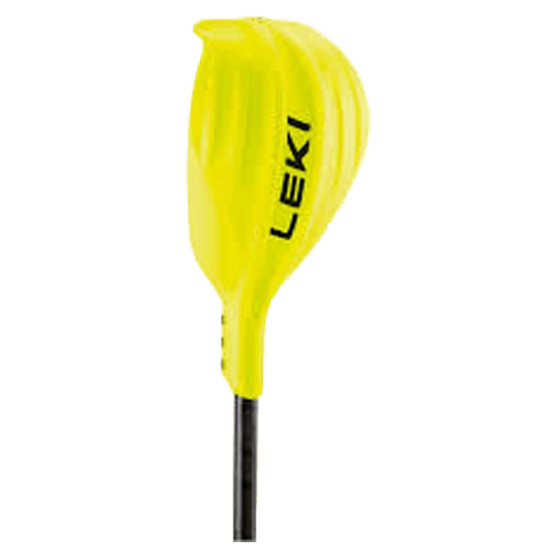 a close up view of the Leki Gate Guard Closed in neon yellow with black Leki wrting mounted on a white ski pole