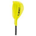 a close up view of the Leki Gate Guard Closed in neon yellow with black Leki wrting mounted on a white ski pole