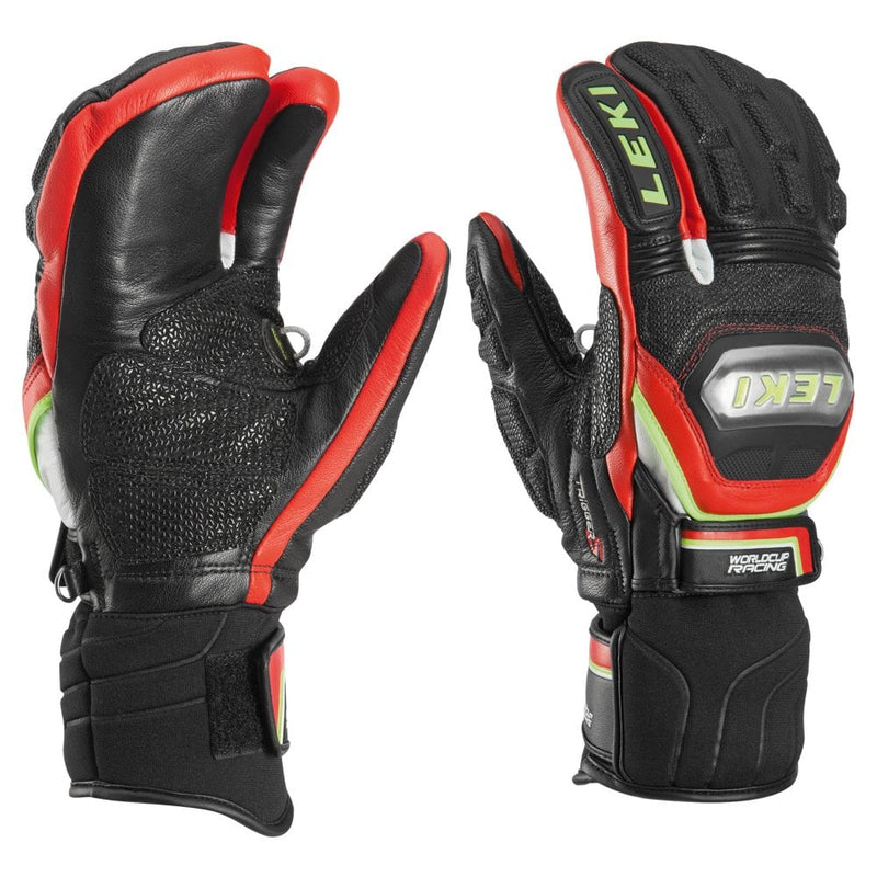 A pair of black Leki WC Race Titanium Mitts with red, yellow and white trim. A silver titanium shield with yellow Leki branding.