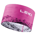 Pink Leki XC Headband featuring a mountain landscape graphic and white logo on textured fabric.