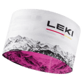 Pink Leki XC Headband featuring a mountain landscape graphic and white logo on textured fabric.