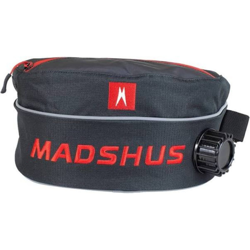 Madshus Black Insulated Drink Belt with Red Writing. Black Plastic twist Cap