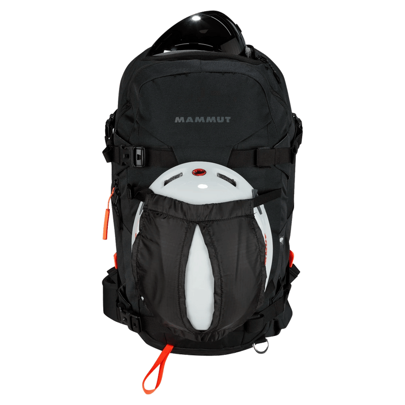 Carrying helmet view of the Mammut Nirvana 30 Backpack in Black colourway, women model
