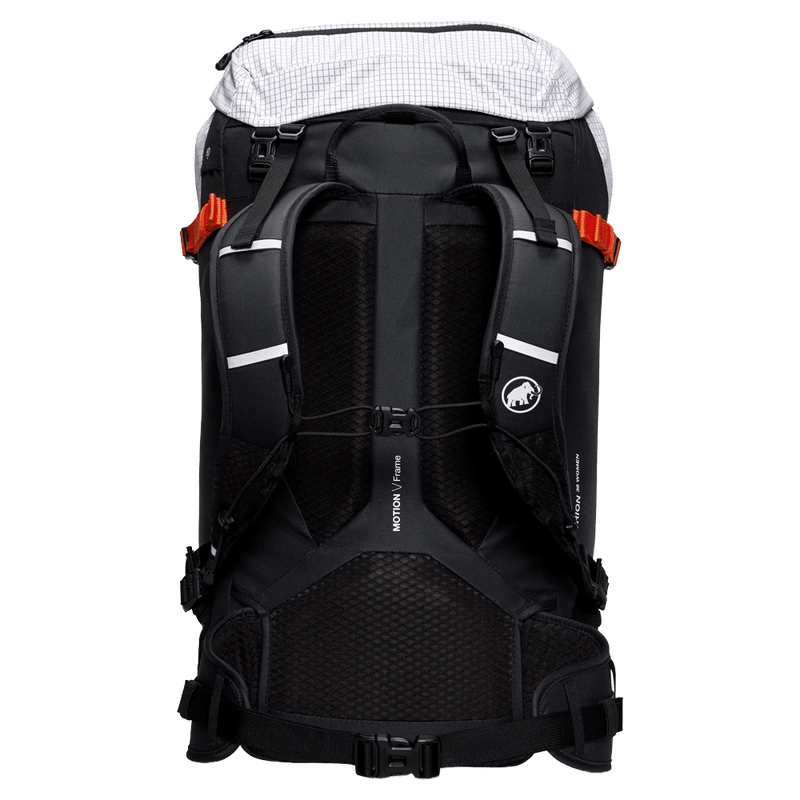 Back view of the Mammut Trion 38L Backpack in Black White colourway, women model