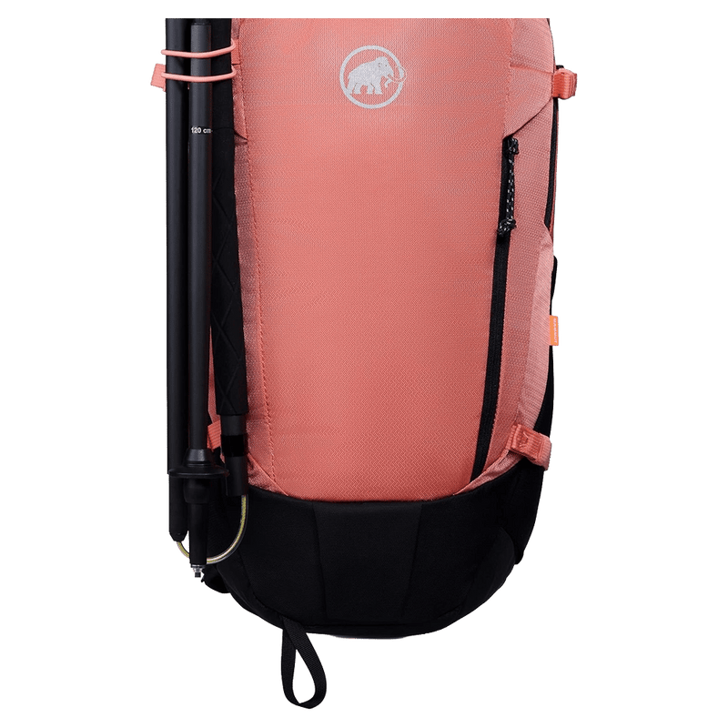 Detail view of the Mamut Lithium 15 Backpack in Salmon Black colourway, women's model