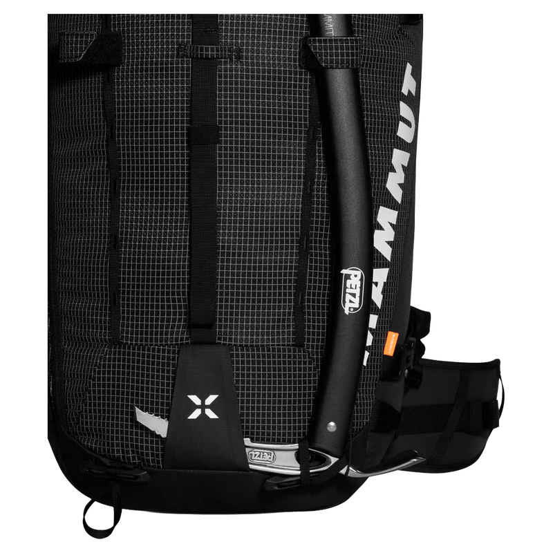 Detail view of the Mamut Trion 38L Backpack in Black colourway, unisex's model