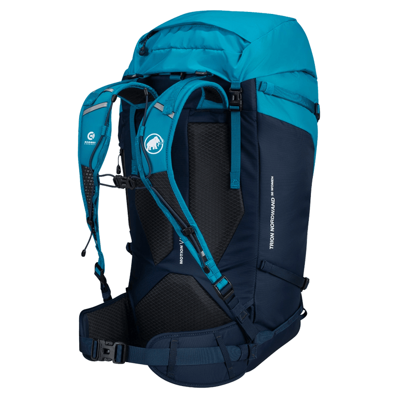 Back view of the Mamut Trion Nordwand 38L Backpack in Sky and Night colourway, women's model