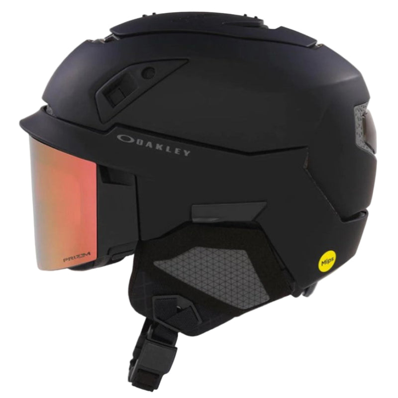 Side view of Oakley Mod 5 snow Helmet in Blackout with Rose Gold lens featuring MIPS protection, BOA fit system, magnetic fidlock and active ventilation