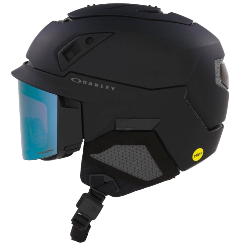 Side view of Oakley Mod 5 snow Helmet in Blackout with Sapphire lens featuring MIPS protection, BOA fit system, magnetic fidlock and active ventilation