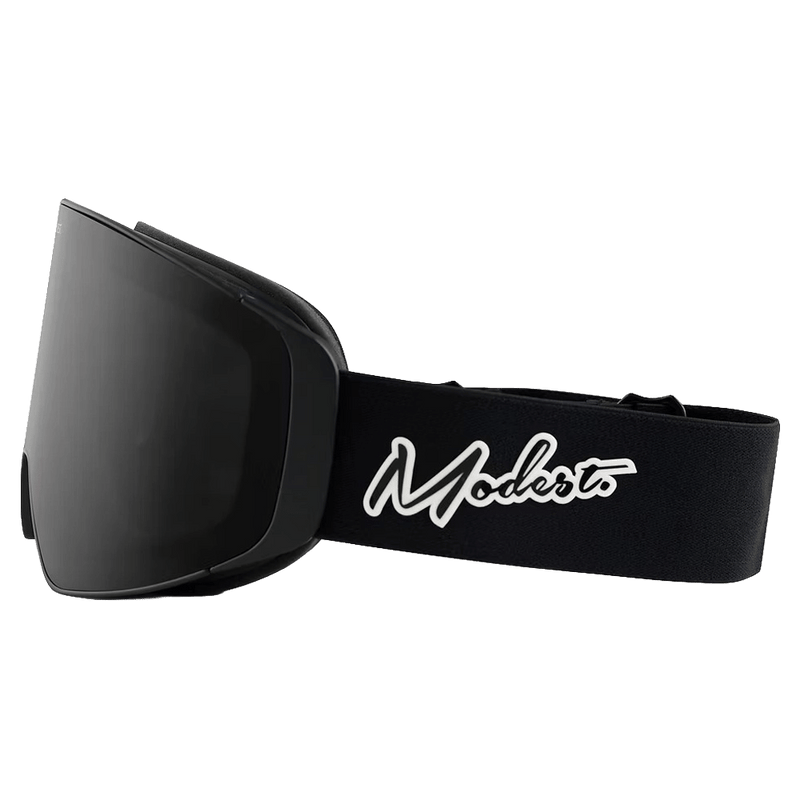 Side view of the Modest Mage Goggles in Black, Dark smoke lens, unisex model