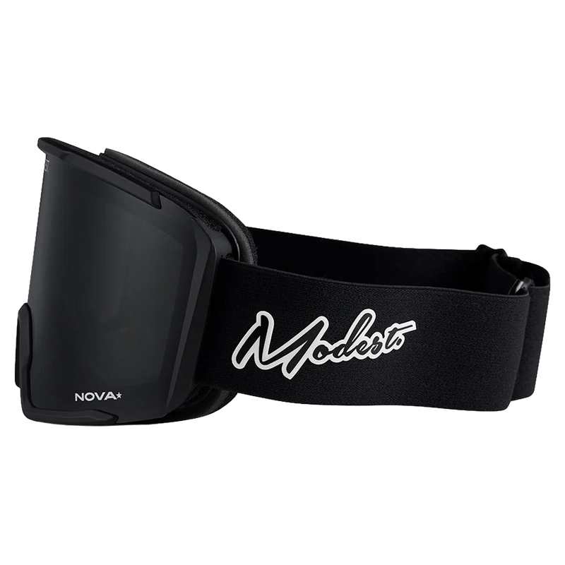 Side view of the Modest Realm Goggles in Black, Black lens, unisex model
