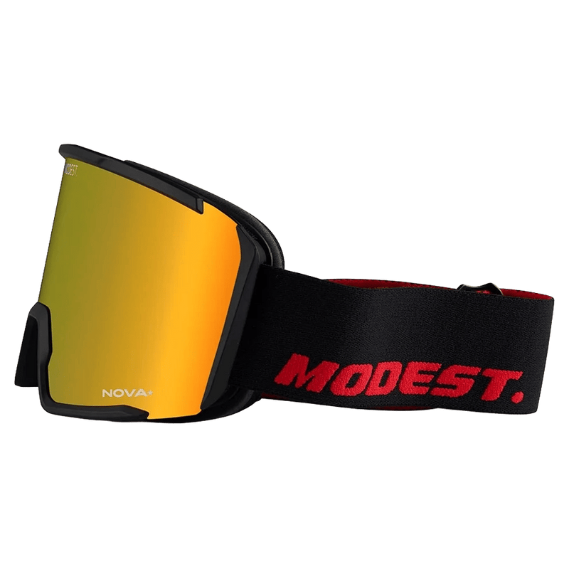 Side view of the Modest Realm Goggles in Black, Red lens, unisex model