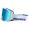 Side view of the Modest Realm Goggles in White, Blue lens, unisex model