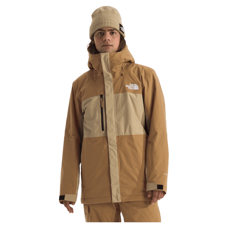 Man wearing The North Face Freedom Insulated Ski Jacket in Utility Brown-Khaki Stone