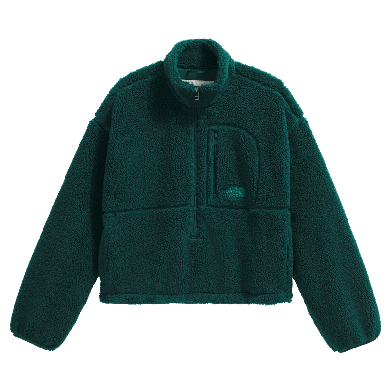 Rear view of The North Face Extreme Pile 2 Pullover for Women in Hunter Green featuring a half front zip, zip chest pocket, side pockets and adjustable hem, with a small side embroidered logo on the left chest.