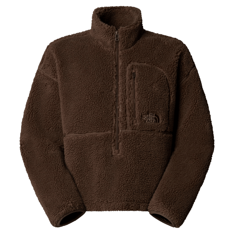 Front view of The North Face Extreme Pile 2 Pullover for Women in Smokey Brown featuring a half front zip, zip chest pocket, side pockets and adjustable hem, with a small side embroidered logo on the left chest.