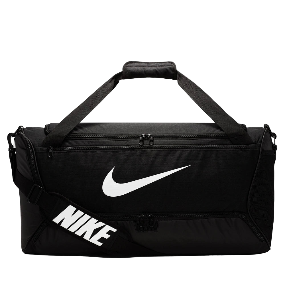 Side image of Nike Brasilia Duffel in Black with brand logo in contrast White