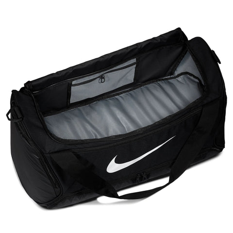 Top internal image of the main pocket of the Nike Brasilia Duffel in Black with brand logo in contrast White