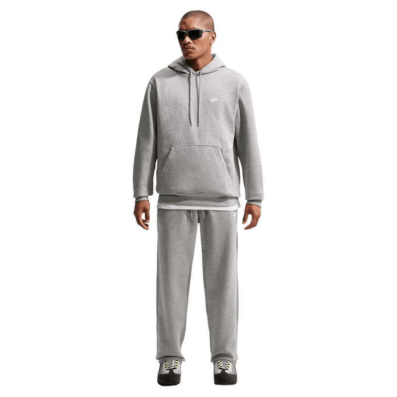 Front view of the Nike Club Fleece Hoodie in Dark Grey Heather colourway, unisex model