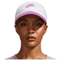 Main view of the Nike Club Cap in White and Lt Magenta colourway, unisex model