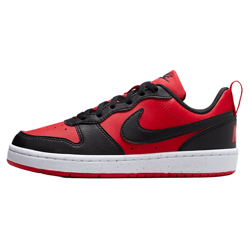 Side view of the Nike Court Borough Low Recraft Shoes in University Red colourway, kids model