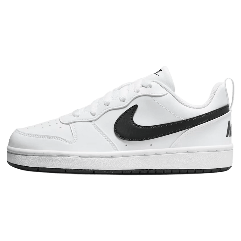 Side view of the Nike Court Borough Low Recraft Shoes in White and Black colourway, kids model