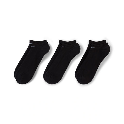 Left side image of the Nike Everyday Cushioned No Show Socks 3 Pack in Black