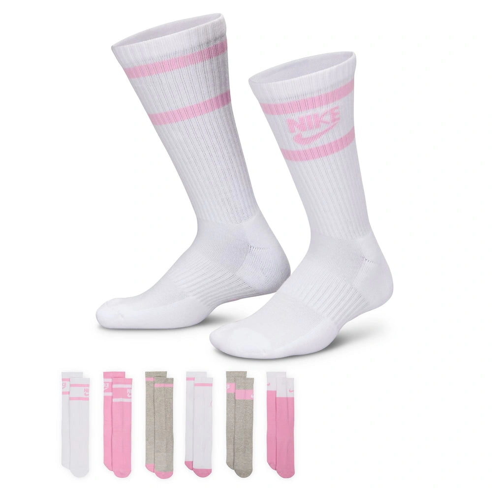Lifestyle image of the Nike Everyday Kids Cushioned Crew Socks 6 pack in the multi - pink, white, grey, colourway