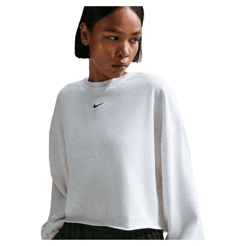 Main view of the Nike Sportswear Chill Terry Crew Neck in Birch Heather colourway, women model
