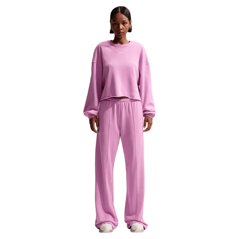 Front view of the Nike Sportswear Chill Terry Crew Neck in Light Magnenta colourway, women model