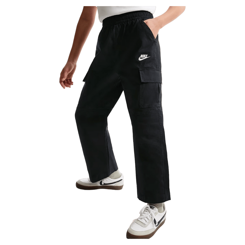 Main view of the Nike Sportswear Club Woven Cargo Pants in Black and White colourway, kids model