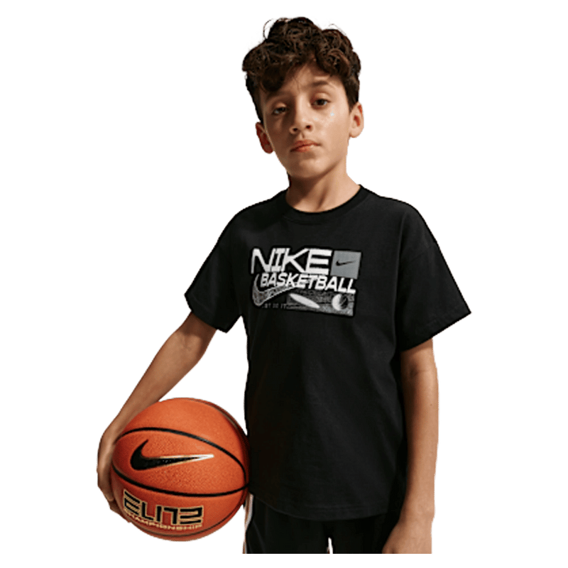 Main view of the Nike Sportswear Tee in Black colourway, kids model