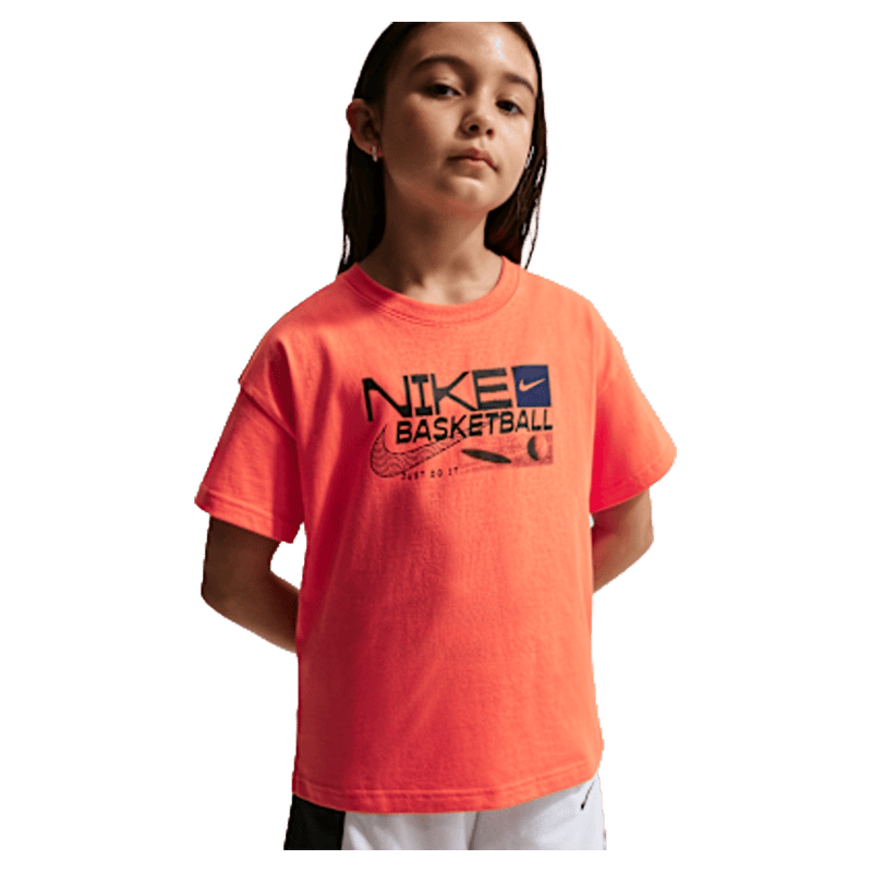 Main view of the Nike Sportswear Tee in Turf Orange colourway, kids model