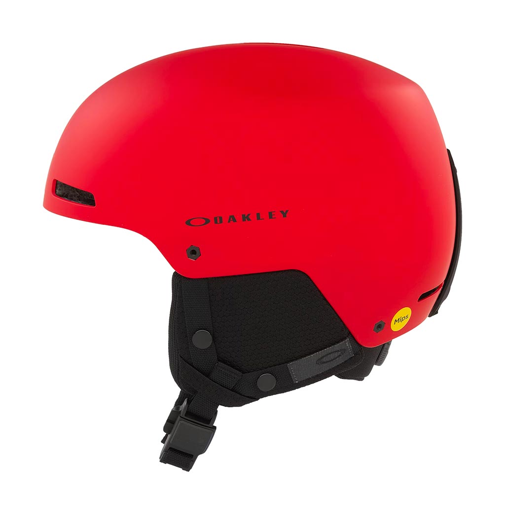 Side view of Oakley Mod 1 Pro snow Helmet in Red Line featuring Mip protection, BOA fit system and magnetic fidlock