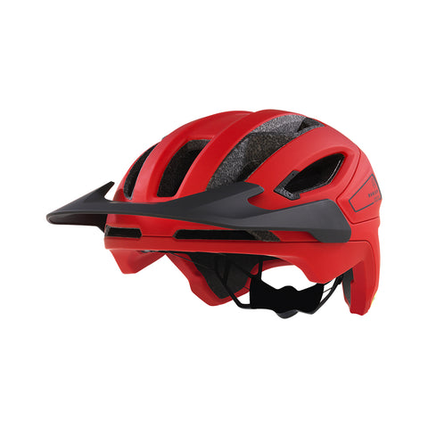 Red open-face mountain bike helmet.