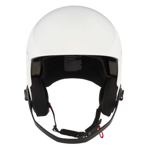 Front view of Oakley ARC5 snow Racing Helmet in White featuring MIPS, Emergency Removal Earpads and Configurable Padding