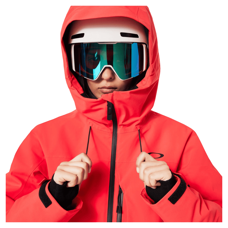 Hood view of the Oakley Canopy Insulated Jacket in HIBISCUS RED colourway, women model