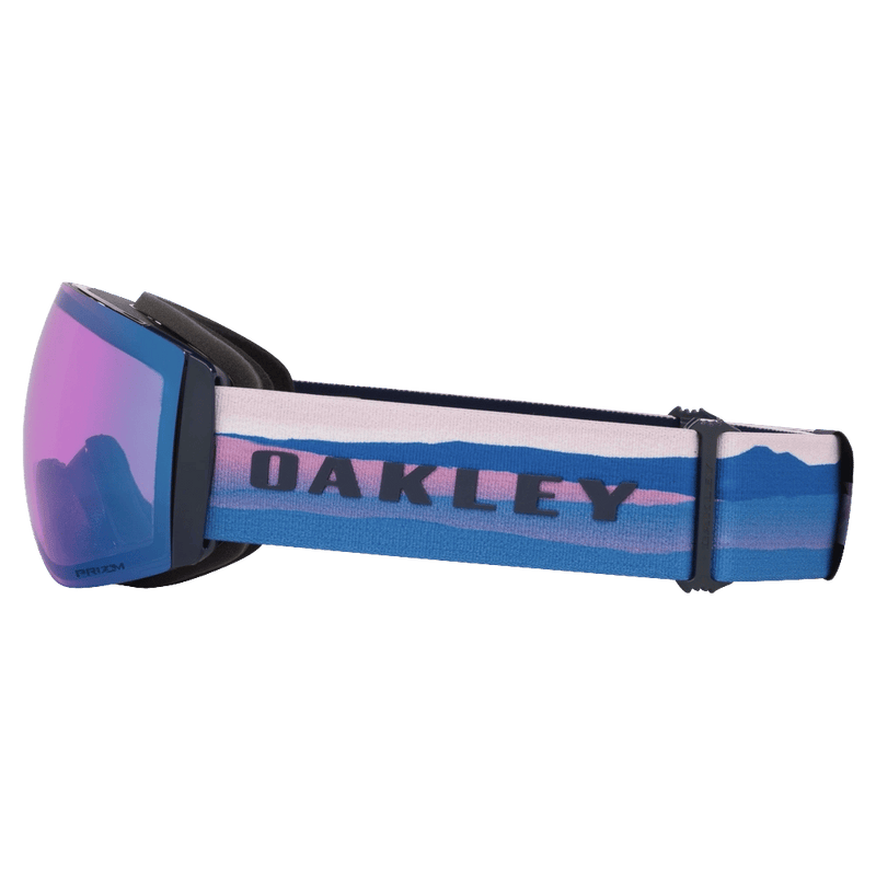 Side view of the Oakley Flight Deck Pro XM Goggles in Mikaela Sig., Prizm Sapphire and Iced lens, unisex model