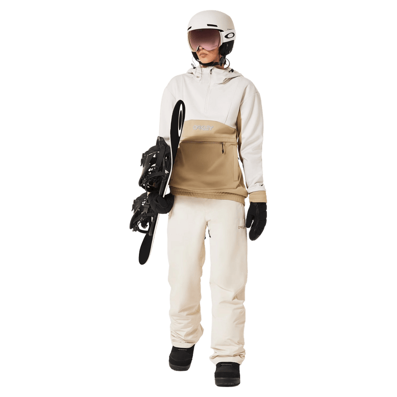 Front view of the Oakley Jasmine Insulated Ski Pants in Mist and Pebble colourway, women's model