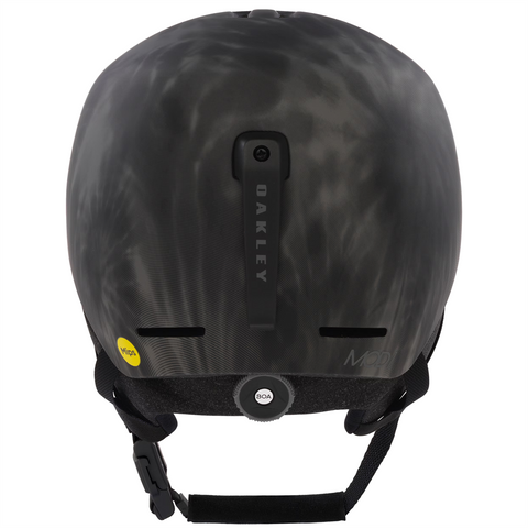 Back view of Oakley Mod 1 snow Helmet in Matte Black & Forgerd Iron Remix featuring Mip protection, BOA fit system and magnetic fidlock