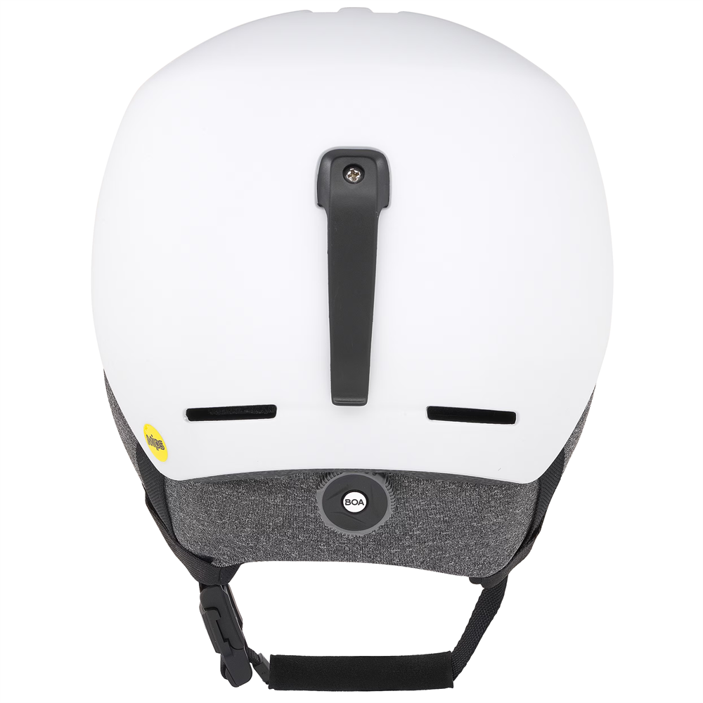 Back view of Oakley Mod 1 snow Helmet in White featuring Mip protection, BOA fit system and magnetic fidlock