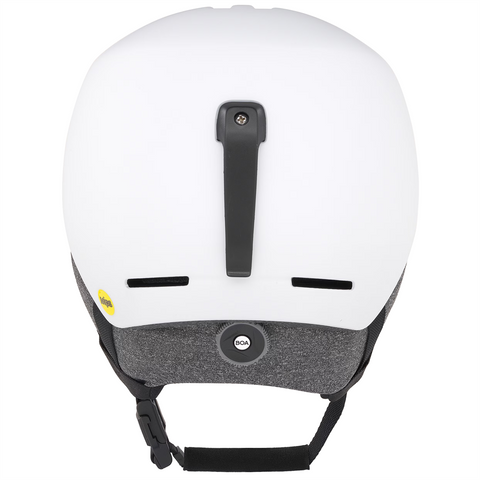 Back view of Oakley Mod 1 snow Helmet in White featuring Mip protection, BOA fit system and magnetic fidlock