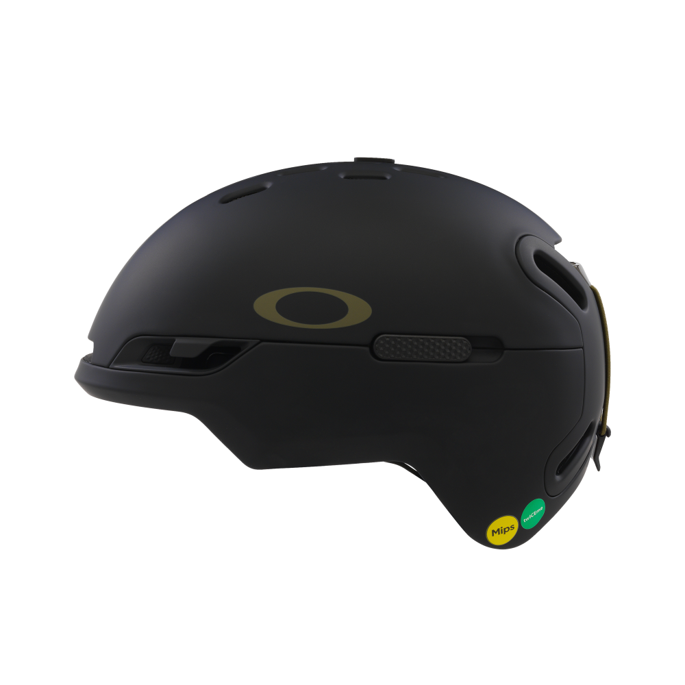 Side view of Oakley MOD BC snow Helmet in Blackout featuring featuring MIPS proteciton, BOA fit system, hidden hat bottom, front fixed vents, active vents