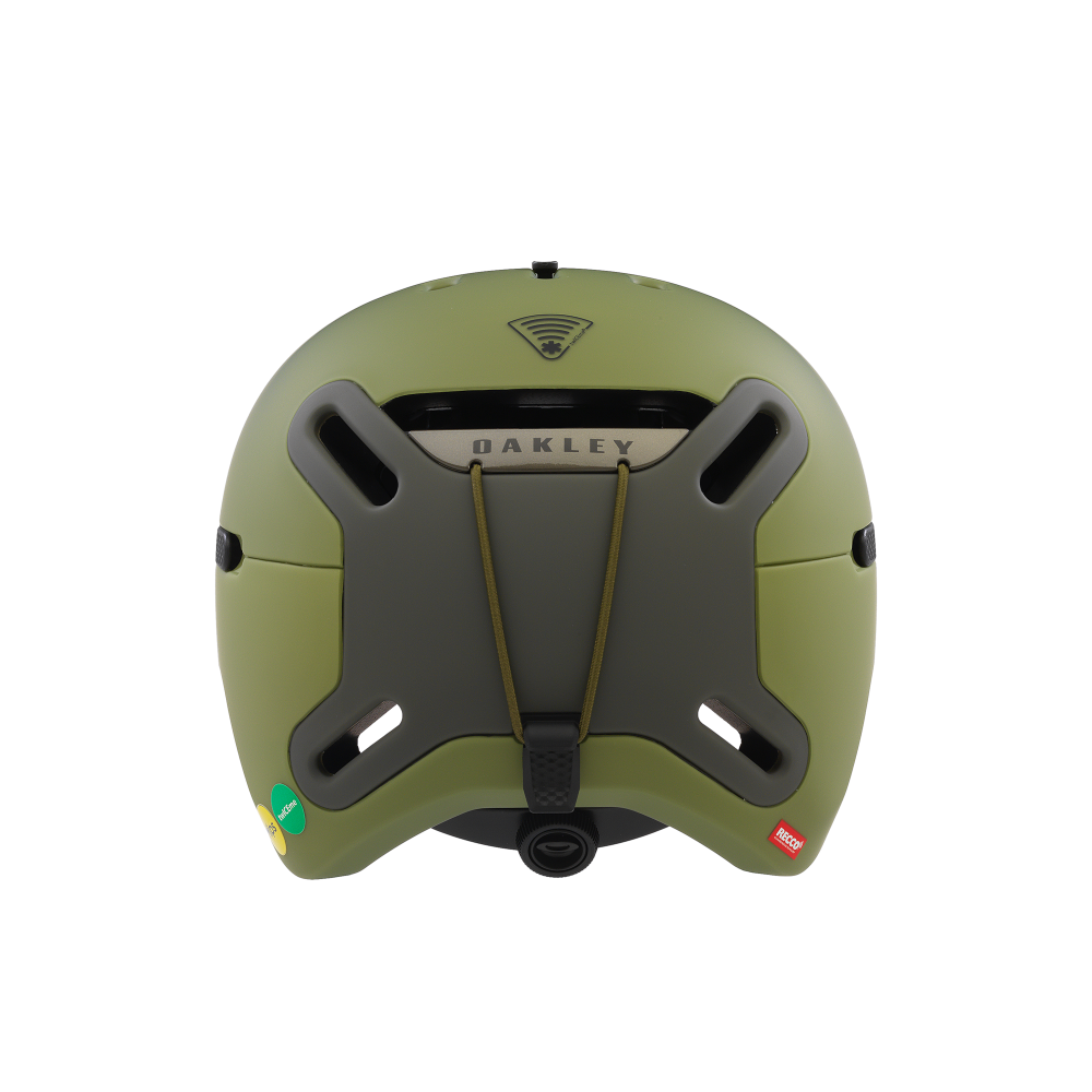 Back view of Oakley MOD BC snow Helmet in Matte Fern and Dark Brush featuring featuring MIPS proteciton, BOA fit system, hidden hat bottom, front fixed vents, active vents
