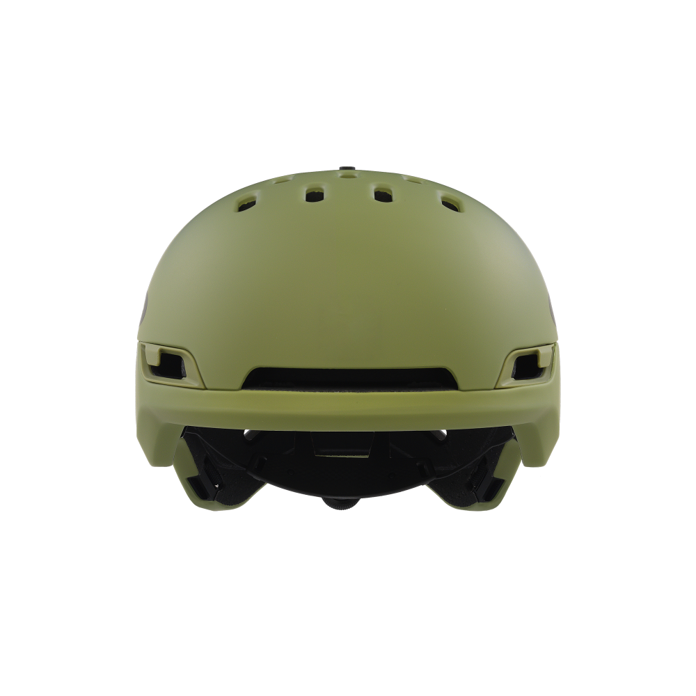 Front view of Oakley MOD BC snow Helmet in Matte Fern and Dark Brush featuring featuring MIPS proteciton, BOA fit system, hidden hat bottom, front fixed vents, active vents