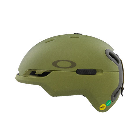 Side view of Oakley MOD BC snow Helmet in Matte Fern and Dark Brush featuring featuring MIPS proteciton, BOA fit system, hidden hat bottom, front fixed vents, active vents
